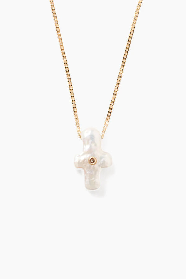 Chan Luu | 14K Gold Playa Cross Necklace | White Pearl