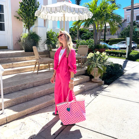 Kerri Rosenthal | Hearts and Checks Tote | Neon Pink