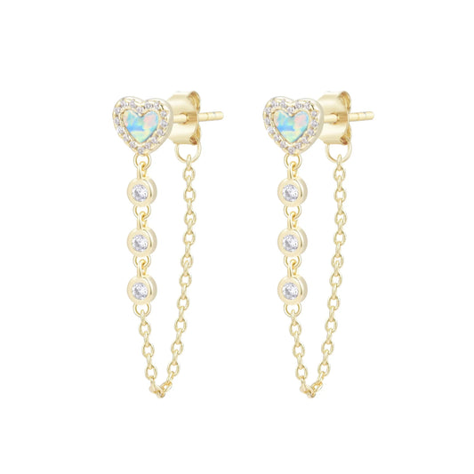 Heart Chain Stud Earrings With Crystals