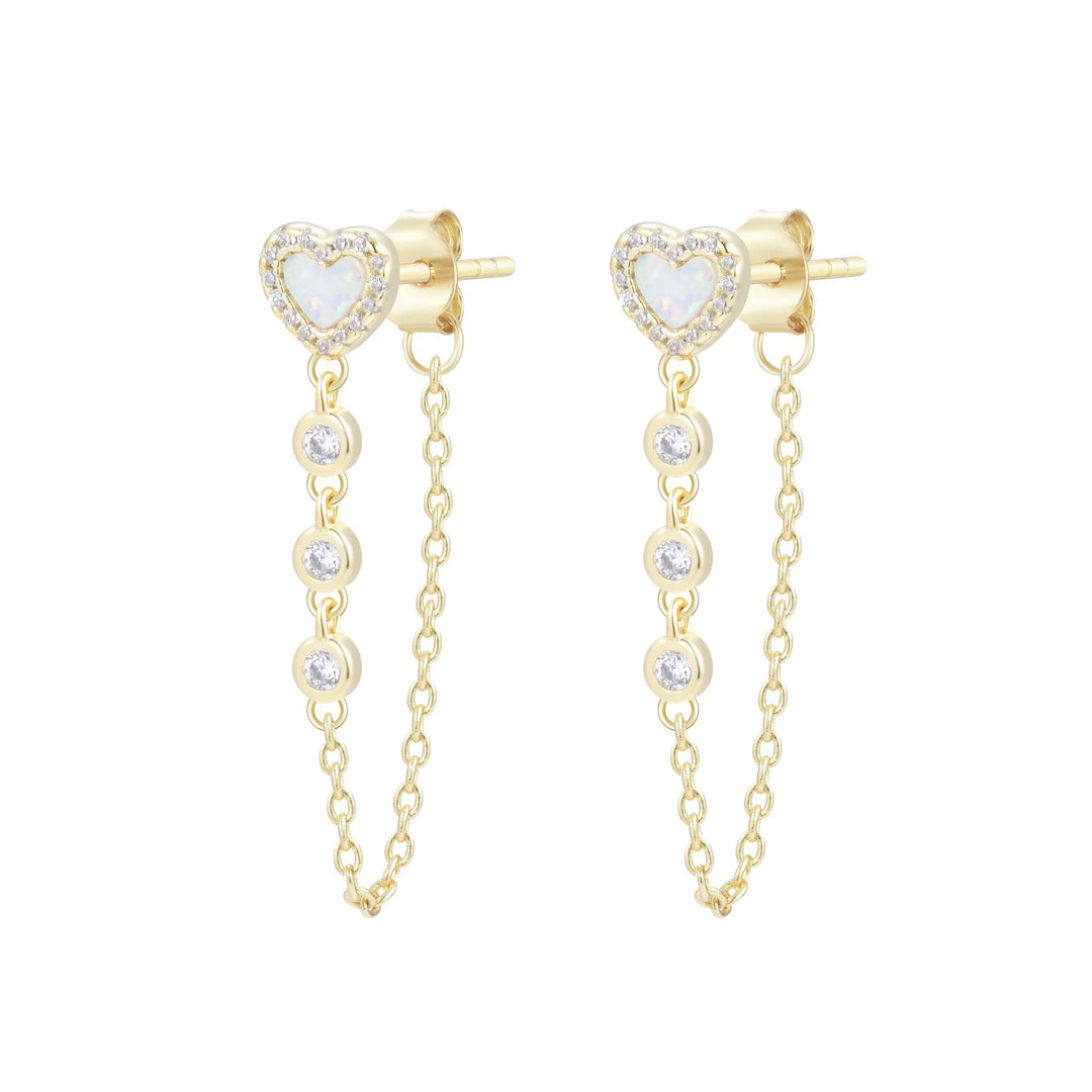 Heart Chain Stud Earrings With Crystals