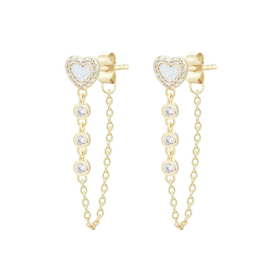 Heart Chain Stud Earrings With Crystals